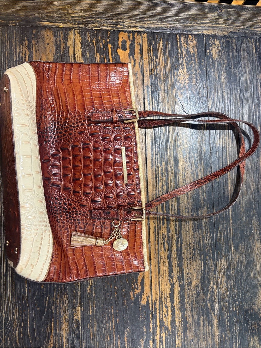 Brahmin Chestnut Croc-Embossed Shoulder Bag with Cream Trim